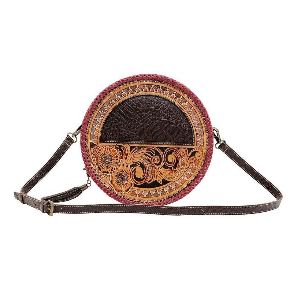 Myra Bag Handmade Coffee Round Bag Upcycled Canvas & Cowhide Leather